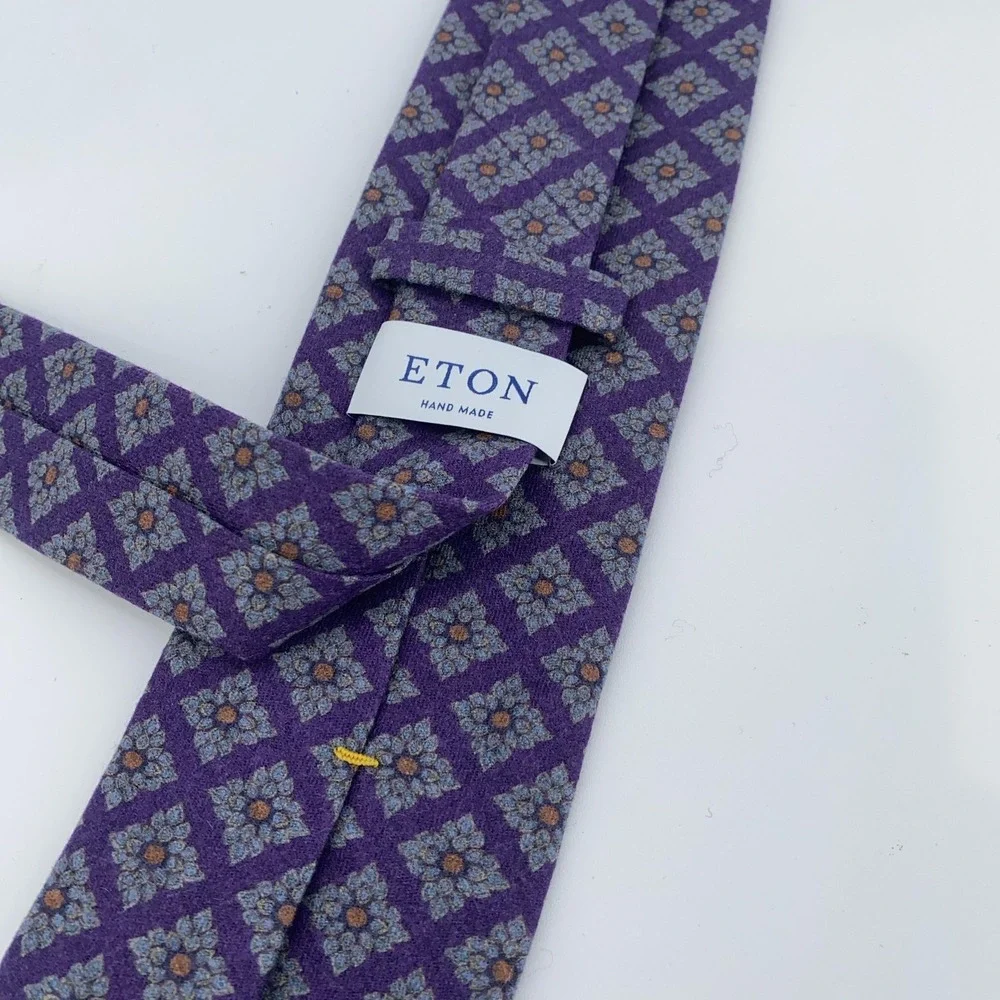 Eton Tie Mens One Size Purple Wool Geometric Floral Print Hand Made Italy